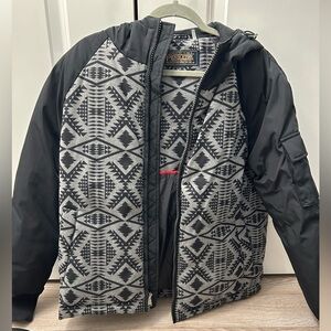 Pendleton 80/20 Duck Down Puffer Jacket Men Small Black Gray Tribal Hooded